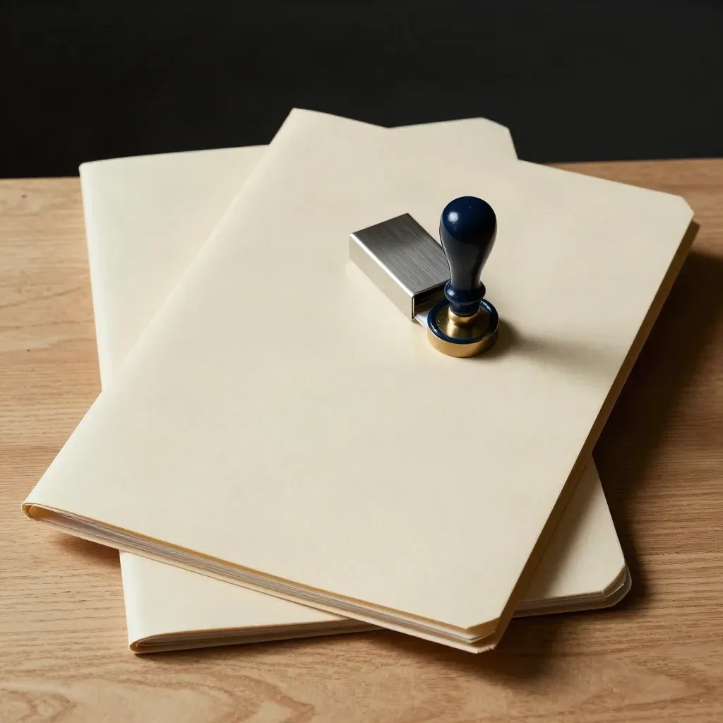 Archival folders, steel paperweight, and wax-seal stamp on pale oak, overhead still life