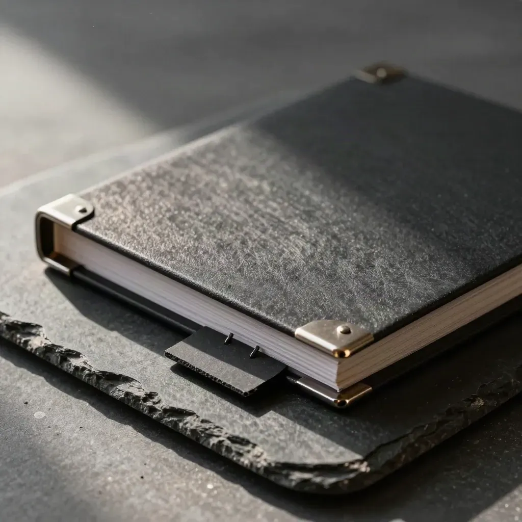 Charcoal deal binder with steel corners, paper clamp, and index tabs on graphite stone.