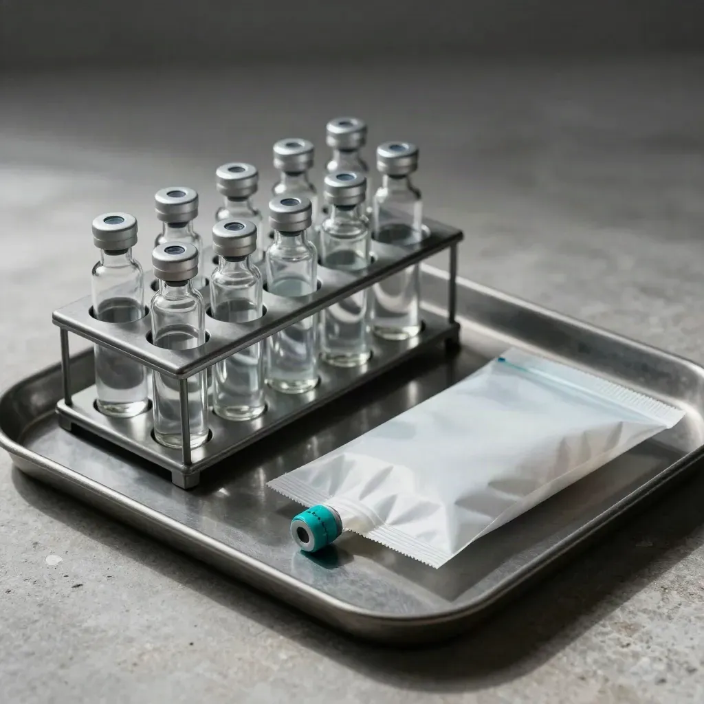 Glass vials in a metal sample rack beside a sterile pouch on pale stone