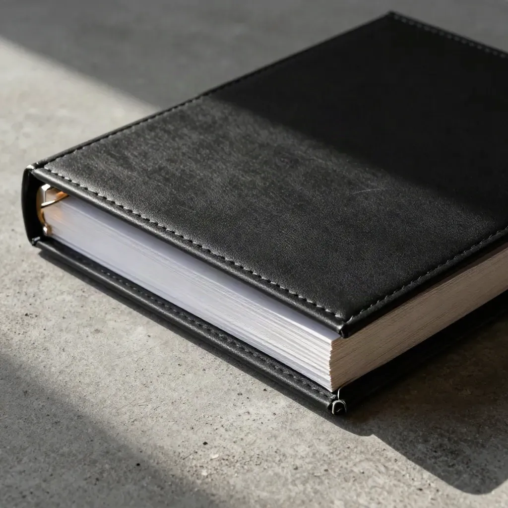 Matte-black deal binder, dividers, and silver clip on brushed concrete, lit from upper left.