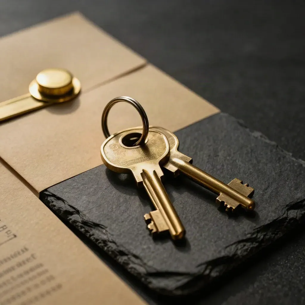 Brass key ring, three keys, and a sealed document packet on dark slate