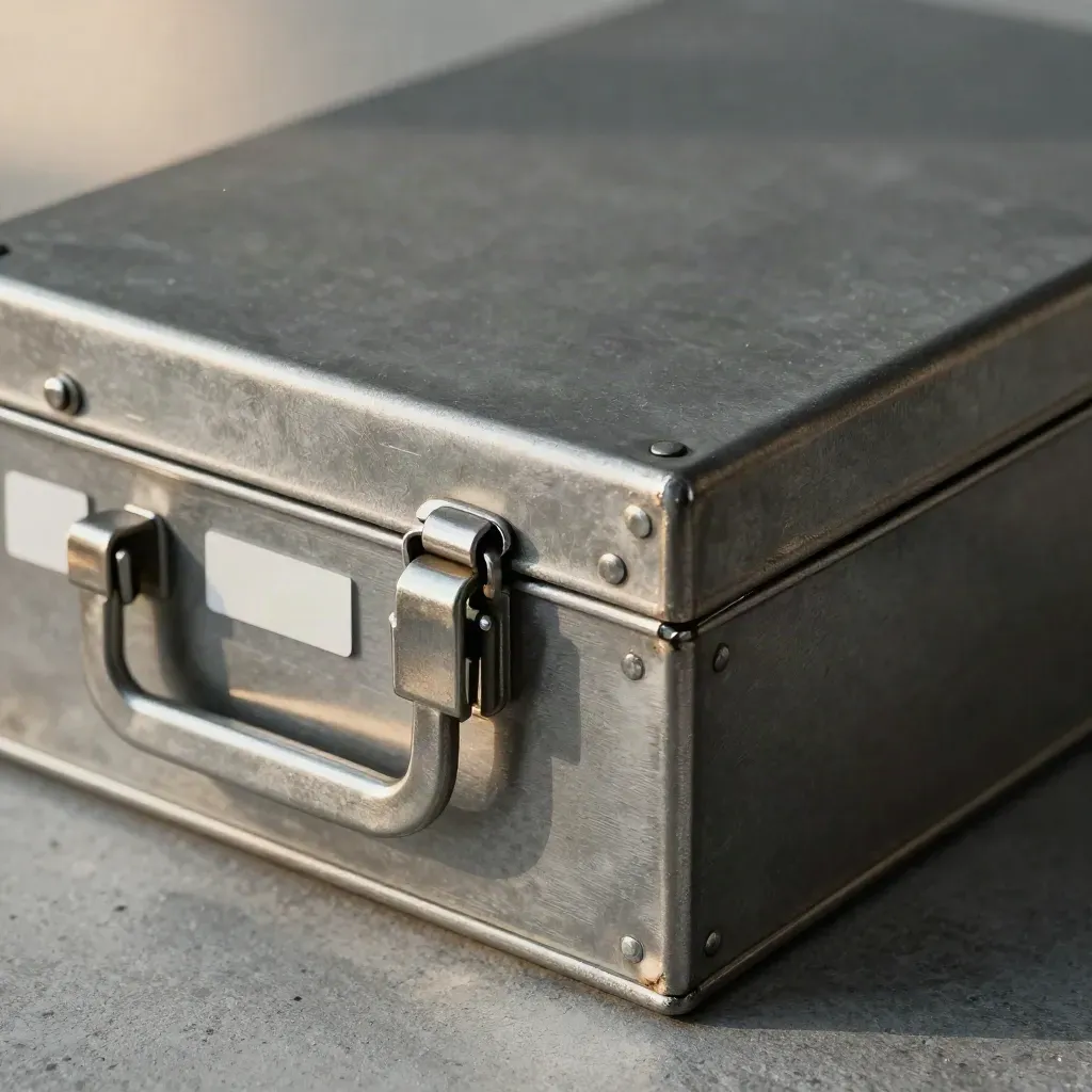 Top-down macro of a steel archive box snapped shut with two blank file tabs on graphite concrete.