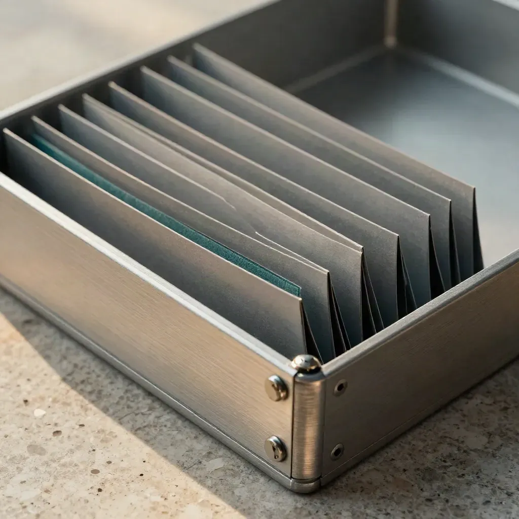 Macro of a machined aluminum tray, blank folders, and a lock cylinder on pale travertine stone.