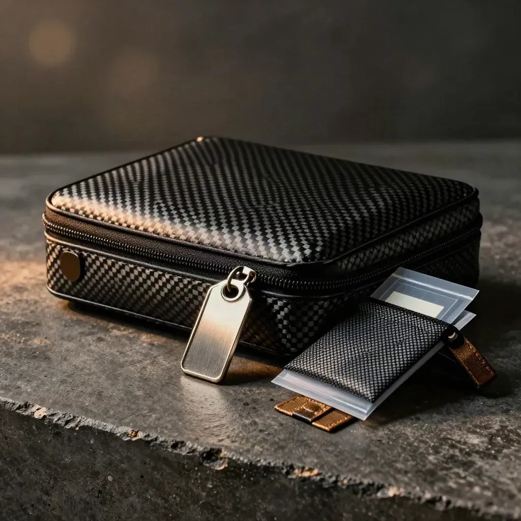 Carbon-fiber portfolio with key tag and security seals on dark concrete, dramatic studio still life