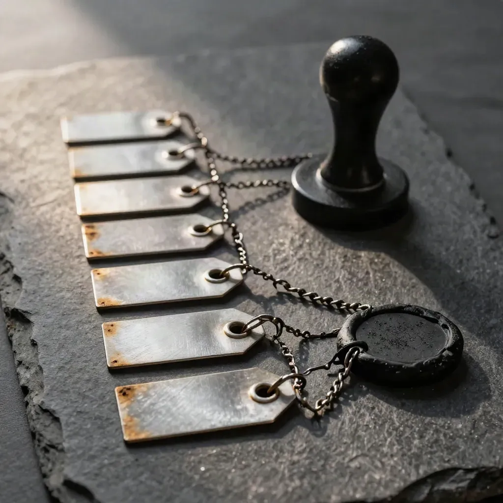 Macro of linked metal file tags and a matte evidence seal on graphite stone, lit like an audit trail.