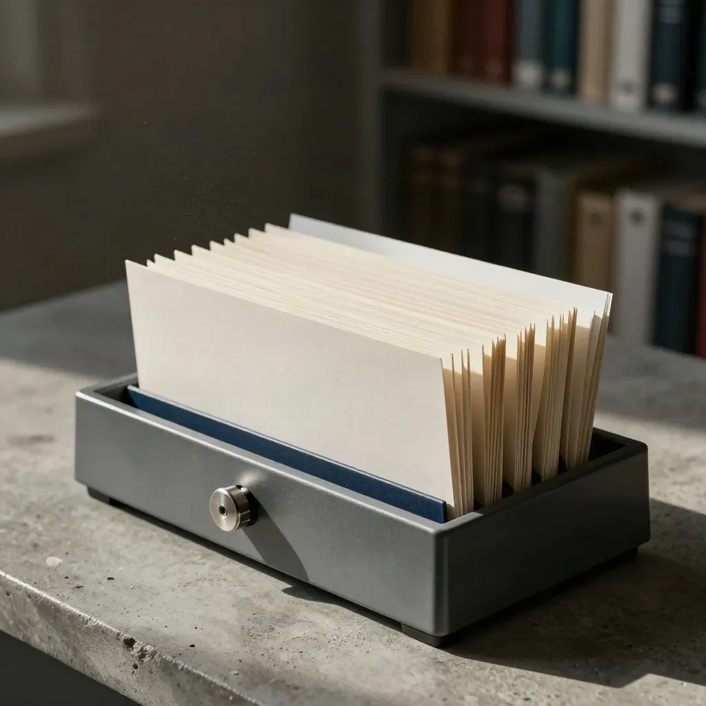 Precision file sorter with blank folders and metal weight on concrete.
