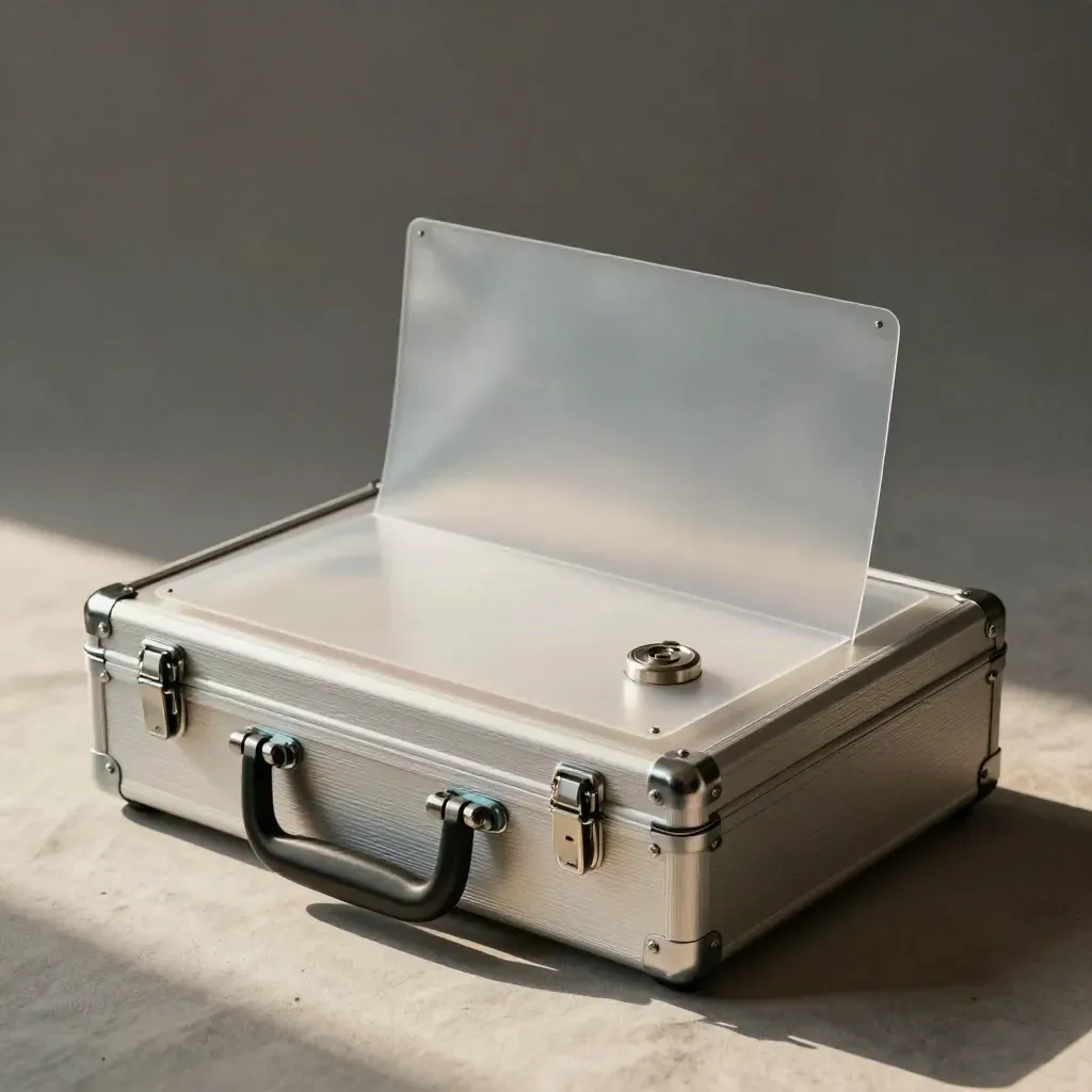 Aluminum courier case with translucent sleeves, one mid-slide, on brushed metal under soft side light.