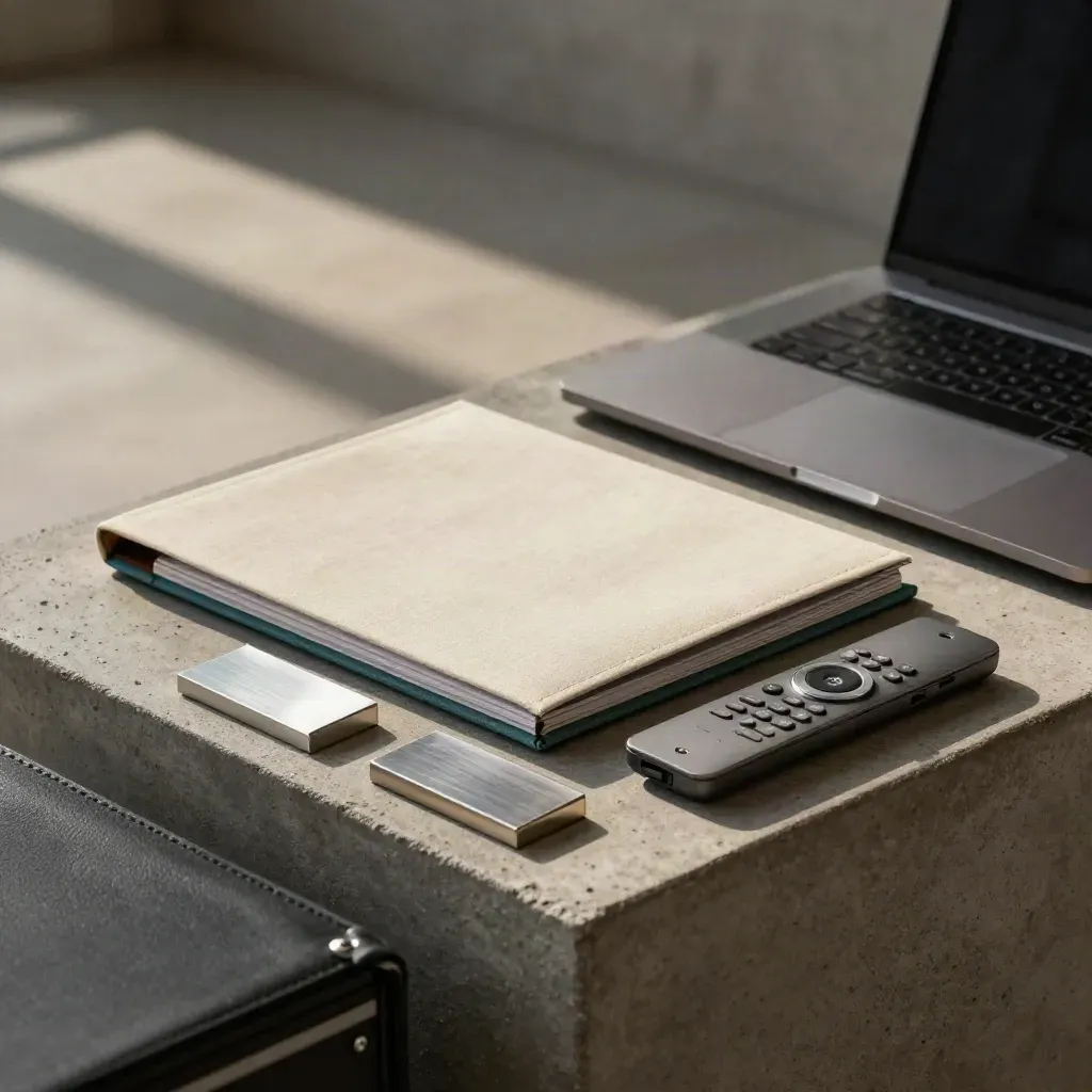 Startup founder pitch prep items on concrete, seen through a blurred portfolio case.