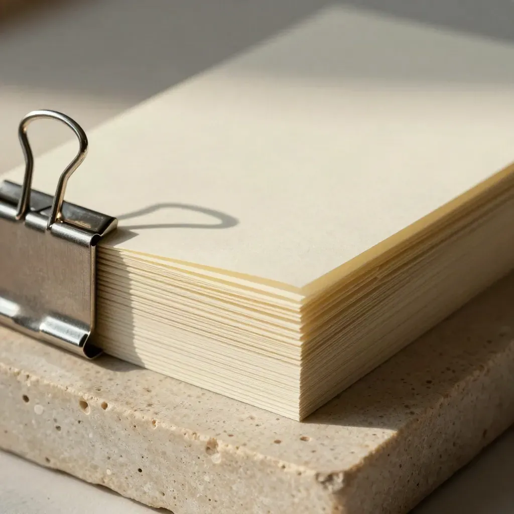 Blank tabbed index cards clamped on cream stone in an ordered overhead macro flatlay.