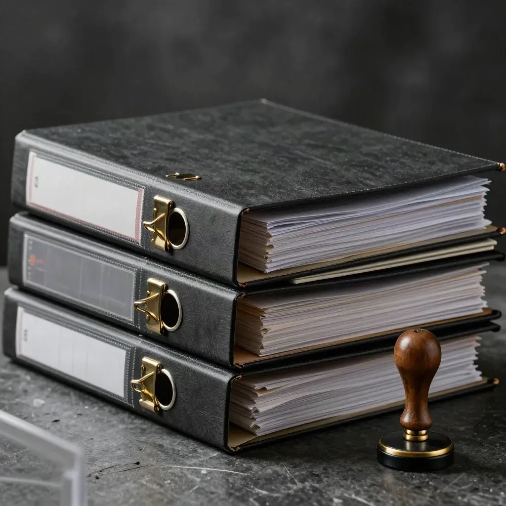 Dark legal binders, brass dividers and a seal press on stone.