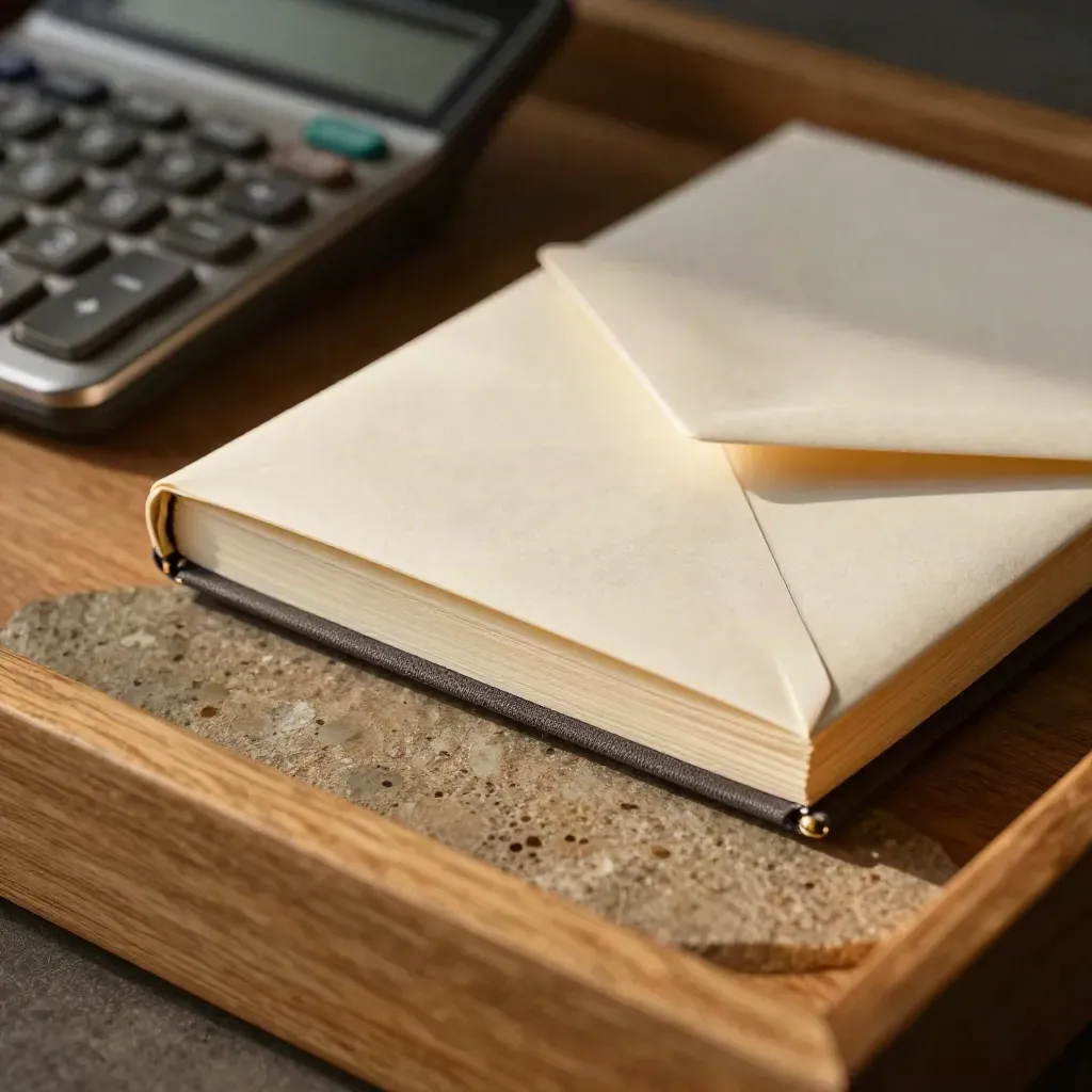Top-down due-diligence tray with calculator, sealed envelope, brass clip and notebook on honey oak.