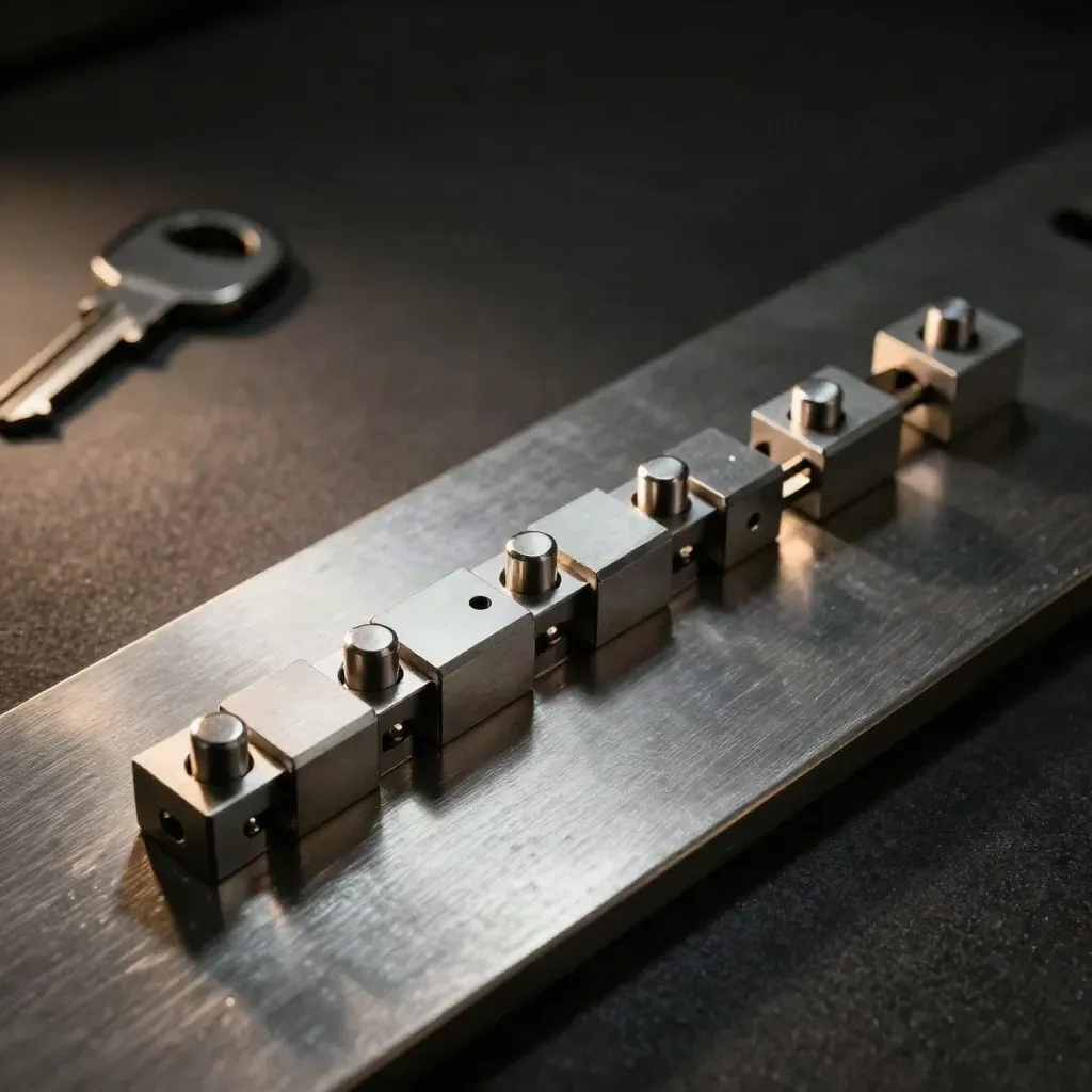 Aluminum blocks linking diagonally on brushed steel under a hard studio light.