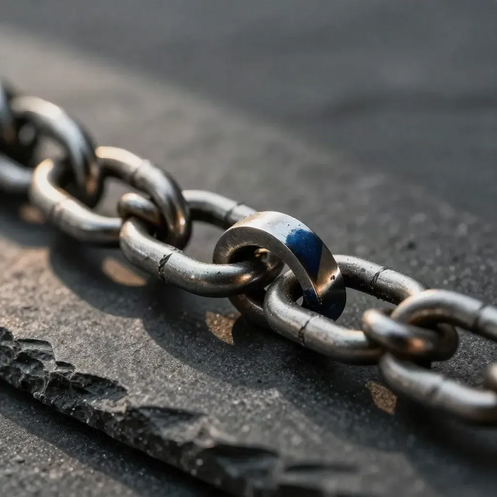 Macro steel rings and a modular track piece on matte graphite, lit from upper left.