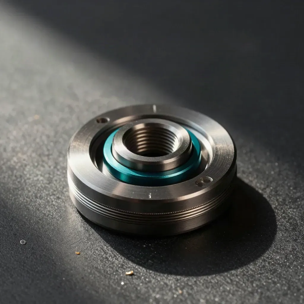 Macro of nested metal connector rings locking together on dark stone with teal accent.