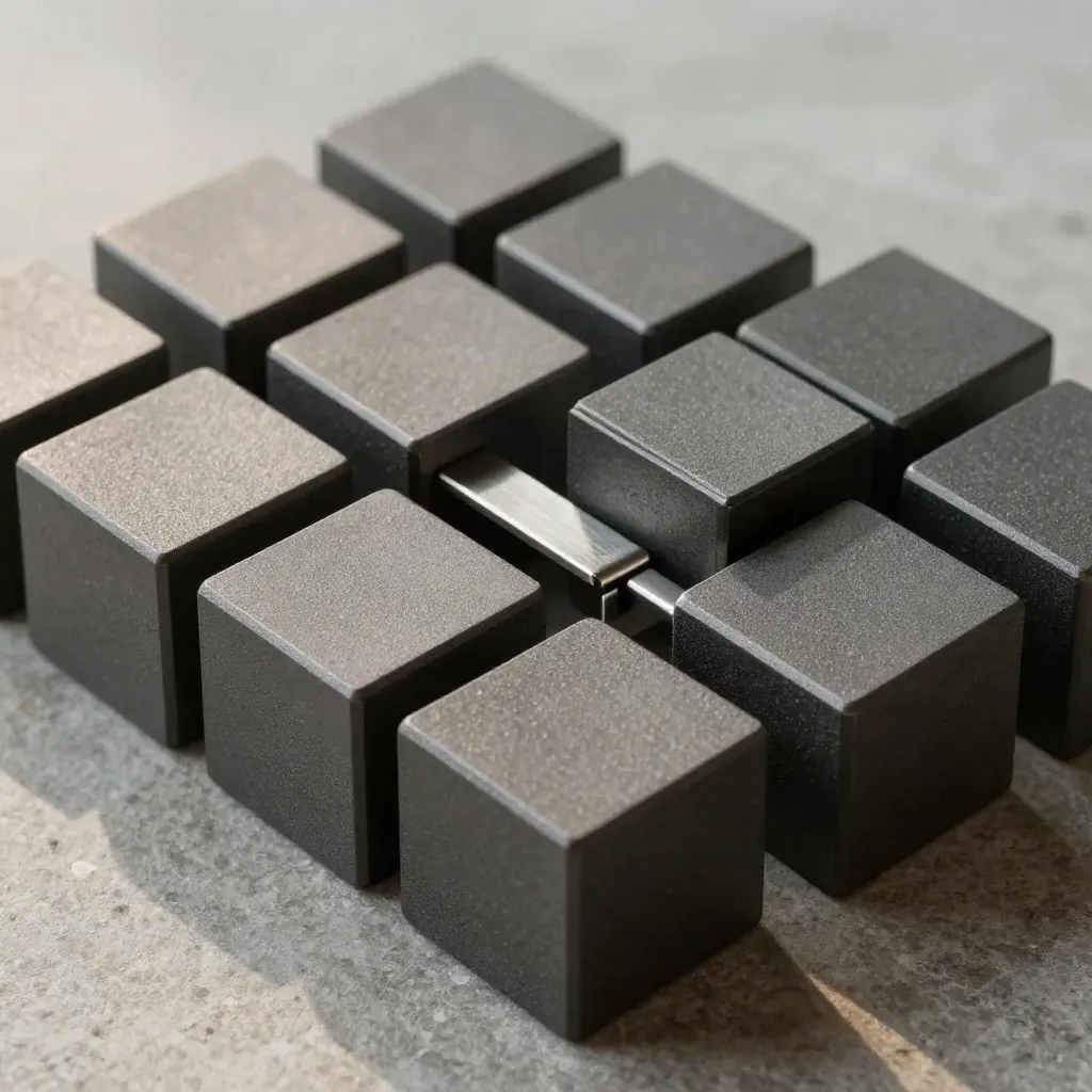Graphite modular cubes with a brushed connector bridge on stone, overhead and minimal.