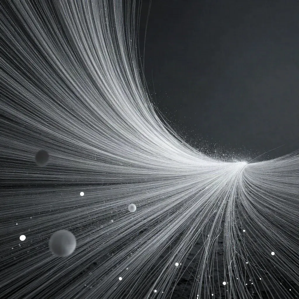 Silver filaments converge into a soft off-centre bloom in deep graphite haze.